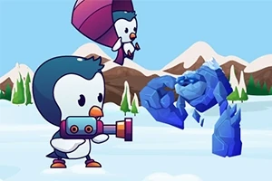 To pingviner, en med en blå kanon og en i fallskjerm, står overfor et ismonster i et snødekt landskap med fjell i bakgrunnen