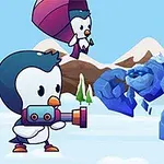 To pingviner, en med en blå kanon og en i fallskjerm, står overfor et ismonster i et snødekt landskap med fjell i bakgrunnen