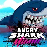 Illustrasjon av en sint hai i sjøen med skarpe tenner, overskyet av teksten Angry Shark Miami