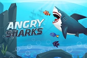 En animert hai med åpen munn svømmer i havet omgitt av små fisk, med teksten Angry Sharks