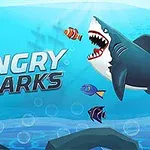 En animert hai med åpen munn svømmer i havet omgitt av små fisk, med teksten Angry Sharks