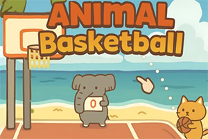 En tegnet elefant står ved en basketballbane ved stranden, mens en katt holder en basketball