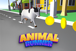 Ku som løper langs en vei og samler gule mynter, med fargerike bygninger i bakgrunnen og teksten Animal Runner nederst
