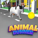 Ku som løper langs en vei og samler gule mynter, med fargerike bygninger i bakgrunnen og teksten Animal Runner nederst