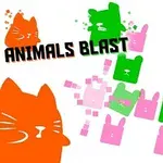 Fargerike tegneserieansikter av dyr i forskjellige farger mot en hvit bakgrunn med teksten ANIMALS BLAST