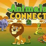 Løve, tiger, elefant, slange og sebra på en savanne-bakgrunn med teksten Animals Connect 2 i grønt og gult