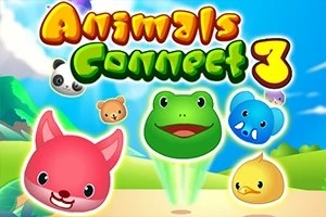 Fargerik illustrasjon av søte dyreansikter inkludert en rosa katt, en grønn frosk, en gul and, en blå elefant, og en panda på en lys bakgrunn med teksten Animals Connect 3