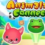 Fargerik illustrasjon av søte dyreansikter inkludert en rosa katt, en grønn frosk, en gul and, en blå elefant, og en panda på en lys bakgrunn med teksten Animals Connect 3