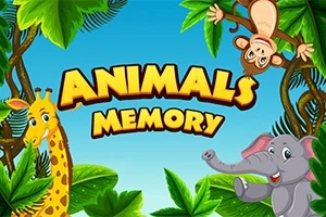 Tegneserieillustrasjon av en sjiraff, en ape og en elefant omgitt av grønne blader, med teksten Animals Memory i midten