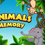 Tegneserieillustrasjon av en sjiraff, en ape og en elefant omgitt av grønne blader, med teksten Animals Memory i midten
