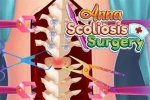 Illustrasjon av en ryggsøyle med kirurgiske instrumenter og teksten Anna Scoliosis Surgery på toppen