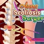 Illustrasjon av en ryggsøyle med kirurgiske instrumenter og teksten Anna Scoliosis Surgery på toppen