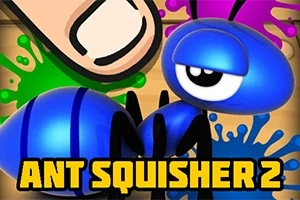 Tegnet blå maur med en stor fot over seg og fargerike malingssprut i bakgrunnen, med teksten Ant Squisher 2 under
