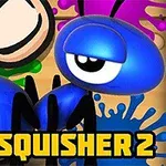 Tegnet blå maur med en stor fot over seg og fargerike malingssprut i bakgrunnen, med teksten Ant Squisher 2 under