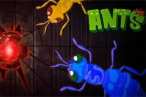 To maur i forskjellige farger med et glødende rødt lys i bakgrunnen og teksten ANTS i øvre hjørne