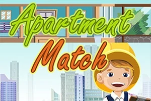 Tegnet gutt med gul hatt foran høyhus og teksten Apartment Match i fargerik skrift
