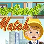 Tegnet gutt med gul hatt foran høyhus og teksten Apartment Match i fargerik skrift