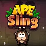 Tegneseriemotiv av en oppspilt ape med store øyne, henger fra store, gule bokstaver som danner ordene APE Sling, mot en mørk bakgrunn med blader
