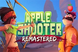 To personer står mot hverandre med en bue og pil rettet mot et eple på hodet til den ene, med teksten Apple Shooter Remastered i bakgrunnen