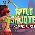 To personer står mot hverandre med en bue og pil rettet mot et eple på hodet til den ene, med teksten Apple Shooter Remastered i bakgrunnen
