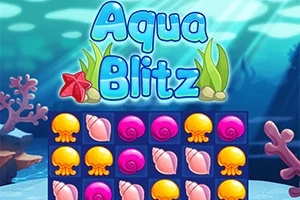 Fargerikt undervannstema med teksten Aqua Blitz over en rutenett med skjell, maneter og sjøstjerner