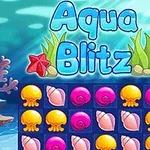 Fargerikt undervannstema med teksten Aqua Blitz over en rutenett med skjell, maneter og sjøstjerner