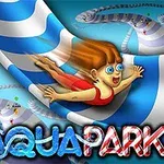 En tegnet person i rød badedrakt sklir ned en blå og hvit vannsklie, med teksten AQUAPARK