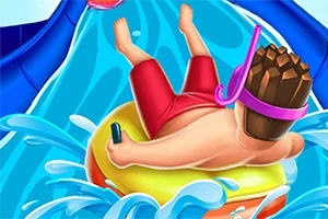 En person med snorkel på hodet sklir ned en vannsklie på en gul flytering