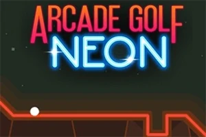 Teksten Arcade Golf Neon er skrevet i lyse, fargerike neonbokstaver over en mørk bakgrunn med en hvit golfball og en oransje bane
