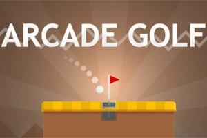 Tekst ARCADE GOLF med en minimalistisk tegning av en golfball og et flagg på en plattform
