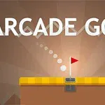 Tekst ARCADE GOLF med en minimalistisk tegning av en golfball og et flagg på en plattform