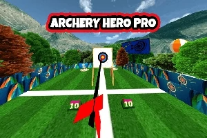Bueskytingsbane med blinker, omgitt av trær og fjell, med teksten Archery Hero Pro øverst