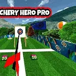 Bueskytingsbane med blinker, omgitt av trær og fjell, med teksten Archery Hero Pro øverst