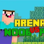 To figurer i pikselert stil foran en bakgrunn av trær og tekst som sier Arena: Noob vs Pro