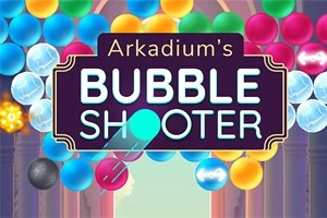 Fargerike bobler i forskjellige nyanser med teksten Arkadiums Bubble Shooter sentralt i bildet
