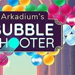 Fargerike bobler i forskjellige nyanser med teksten Arkadiums Bubble Shooter sentralt i bildet
