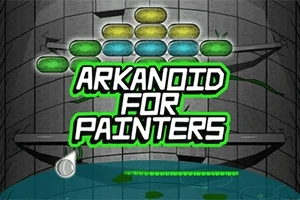 Fargerike mursteiner med teksten Arkanoid for Painters over en spillaktig bakgrunn