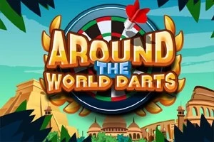 Fargerik illustrasjon med teksten Around the World Darts foran en dartskive og eksotiske bygninger i bakgrunnen