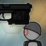 En svart pistol og en tegnet figur med hjelm og rødt øye mot en bakgrunn med sekskantede mønstre