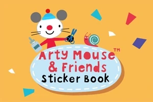 En illustrasjon av en tegneseriemus som holder saks og lim foran en fargerik bakgrunn med teksten Arty Mouse & Friends Sticker Book
