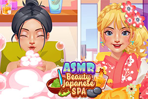 To kvinner i en spa-setting med bobler og blomster, samt teksten ASMR Beauty Japanese Spa i midten