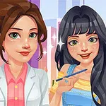 To animerte figurer smiler, en med brunt oppsatt hår i en hvit og rosa skjorte, og en med langt svart hår, fregner, gul stripete topp, og blått seletøy, som holder en pensel