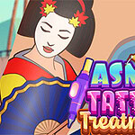 En tegneseriefigur kledd i tradisjonell japansk drakt med en vifte, og teksten ASMR Tattoo Treatment i fargerike bokstaver