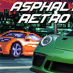 Grønn sportsbil i forgrunnen med pikselert by og oransje bil i bakgrunnen, samt teksten ASPHALT RETRO