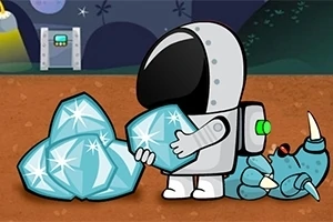 En astronaut i en hvit romdrakt holder en stor, glinsende blå krystall foran en liten, blå dinosaur i et månelandskap