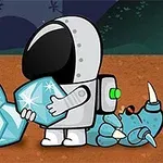 En astronaut i en hvit romdrakt holder en stor, glinsende blå krystall foran en liten, blå dinosaur i et månelandskap
