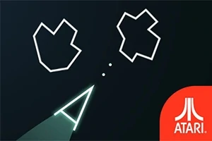 To hvite geometriske former på en svart bakgrunn med en lysende trekant nederst og Atari-logoen i hjørnet