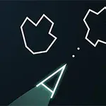 To hvite geometriske former på en svart bakgrunn med en lysende trekant nederst og Atari-logoen i hjørnet