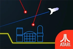 Et minimalistisk bilde viser et romskip som flyr over en geometrisk by med røde linjer som peker mot det, og Atari-logoen i hjørnet