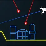 Et minimalistisk bilde viser et romskip som flyr over en geometrisk by med røde linjer som peker mot det, og Atari-logoen i hjørnet